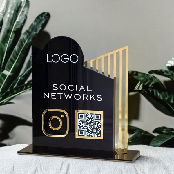 Custom Black & Gold Social Media QR Code Display Sign | Instagram Stand
