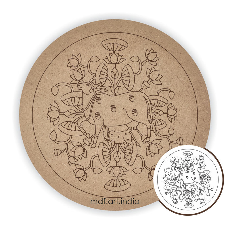 MDF Pre Marked Round Lotus With Pichwai Cow 1