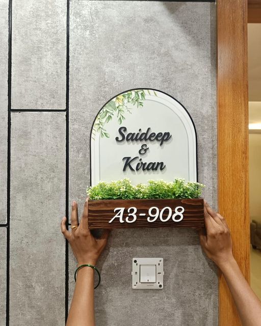 Elegant Acrylic Couple Nameplate with Wooden Planter Base & Greenery