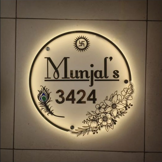 Custom LED Backlit Circular Nameplate - Floral & Swastik Design
