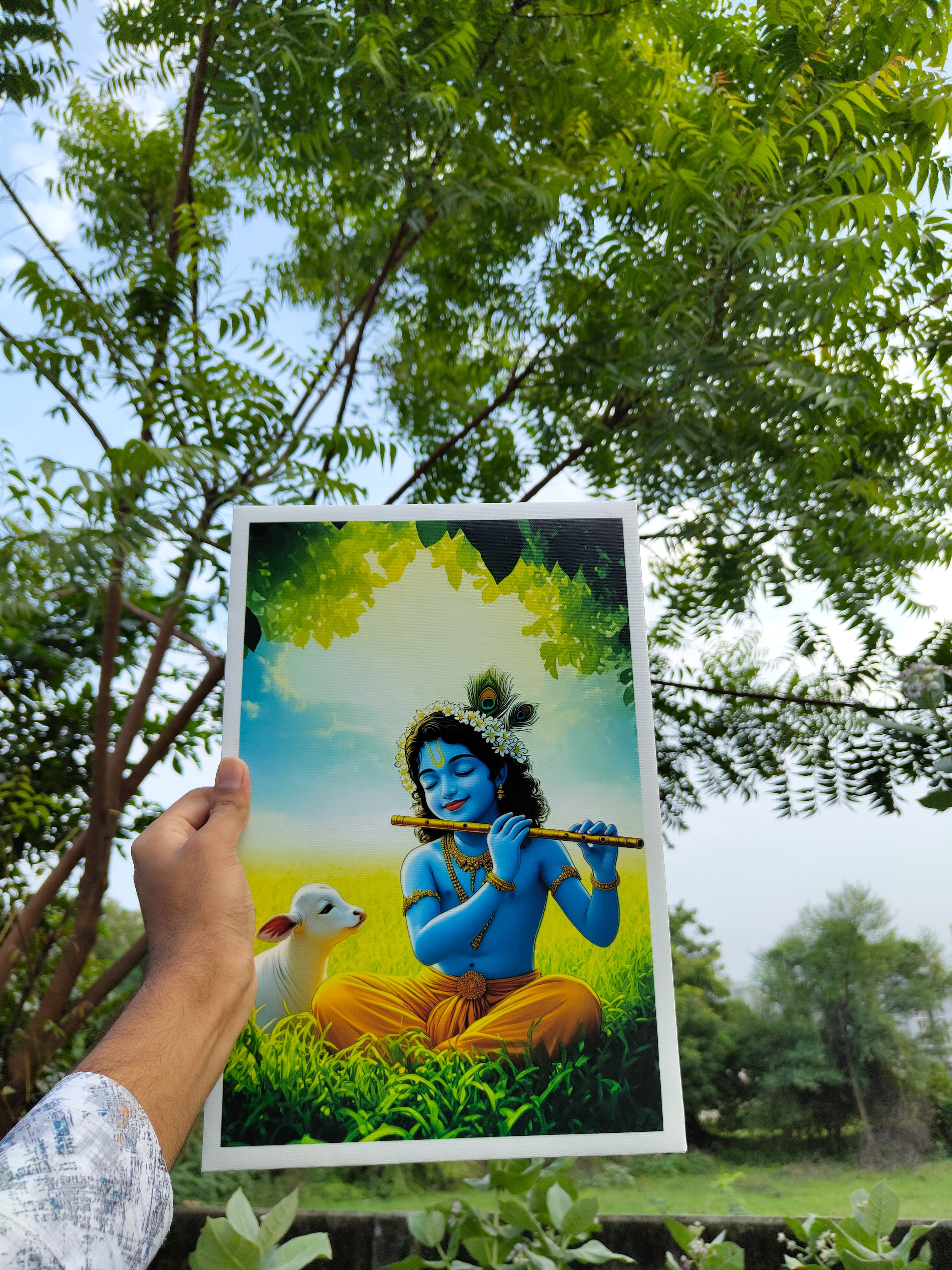 Divine Melody: Young Krishna Playing Flute with Calf in Vrindavan