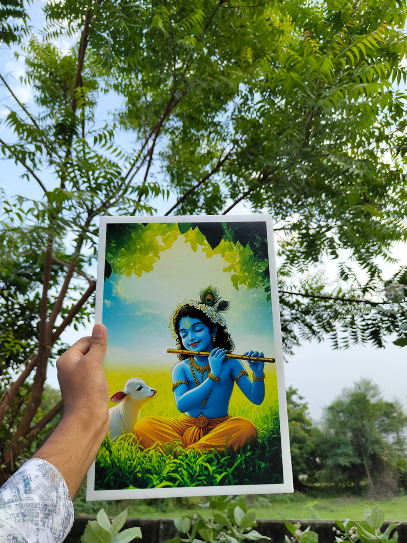 Divine Melody: Young Krishna Playing Flute with Calf in Vrindavan
