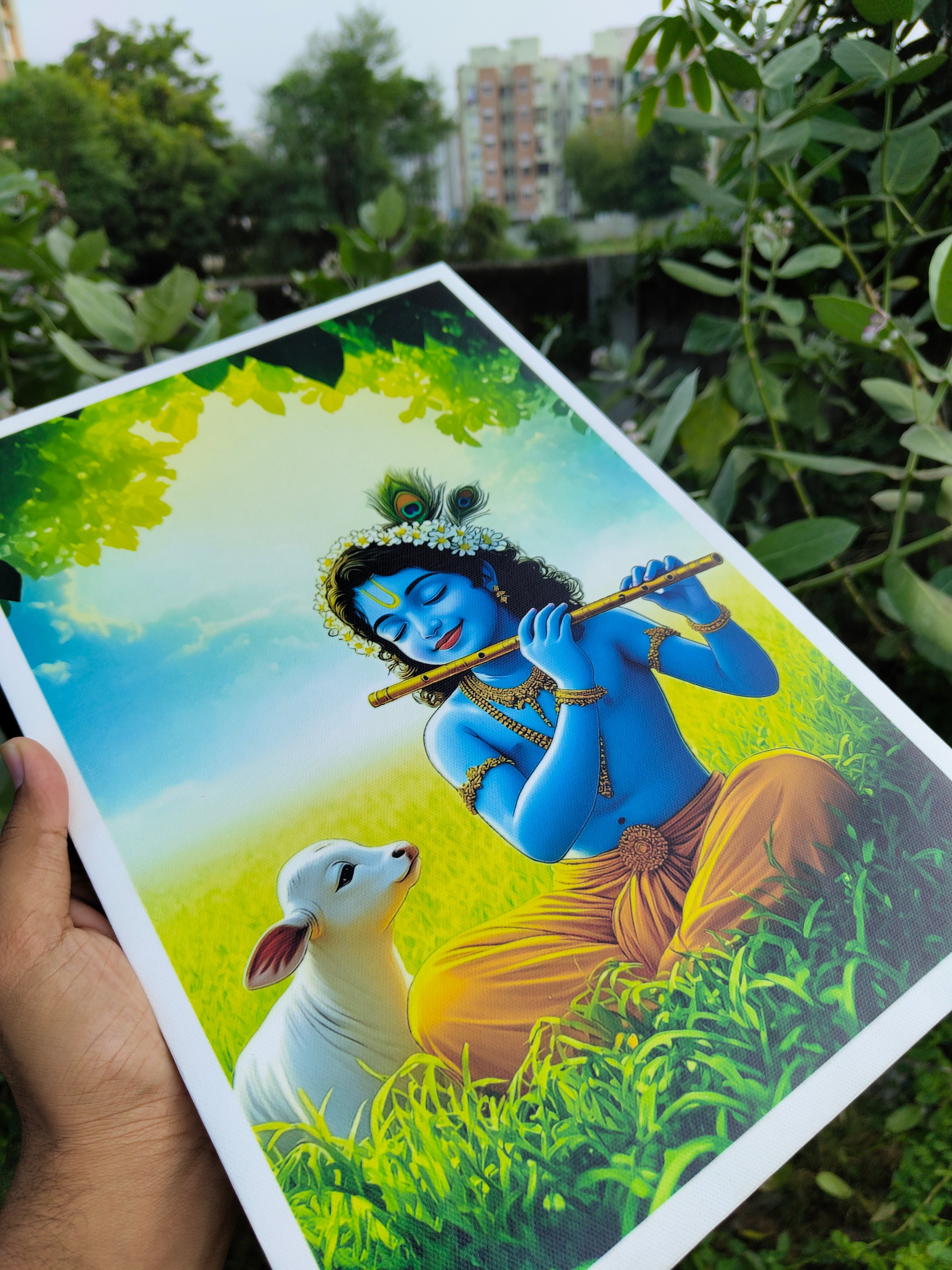 Divine Melody: Young Krishna Playing Flute with Calf in Vrindavan