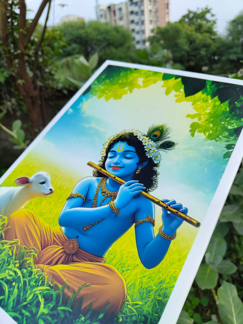 Divine Melody: Young Krishna Playing Flute with Calf in Vrindavan