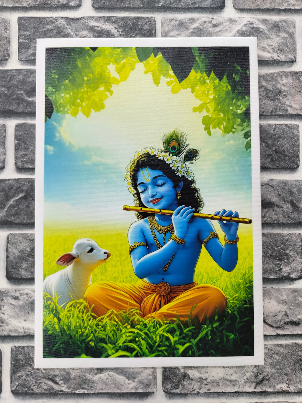 Divine Melody: Young Krishna Playing Flute with Calf in Vrindavan
