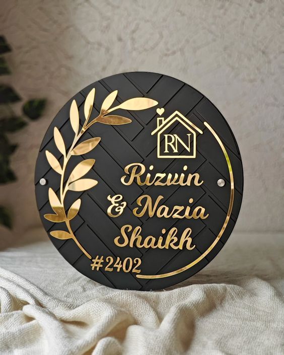 Black & Gold Round Nameplate - Custom Monogram & Olive Branch Sign