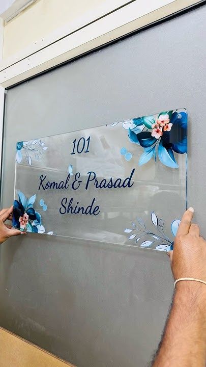 Transparent Acrylic Nameplate with Blue Floral Design - Custom Door Sign