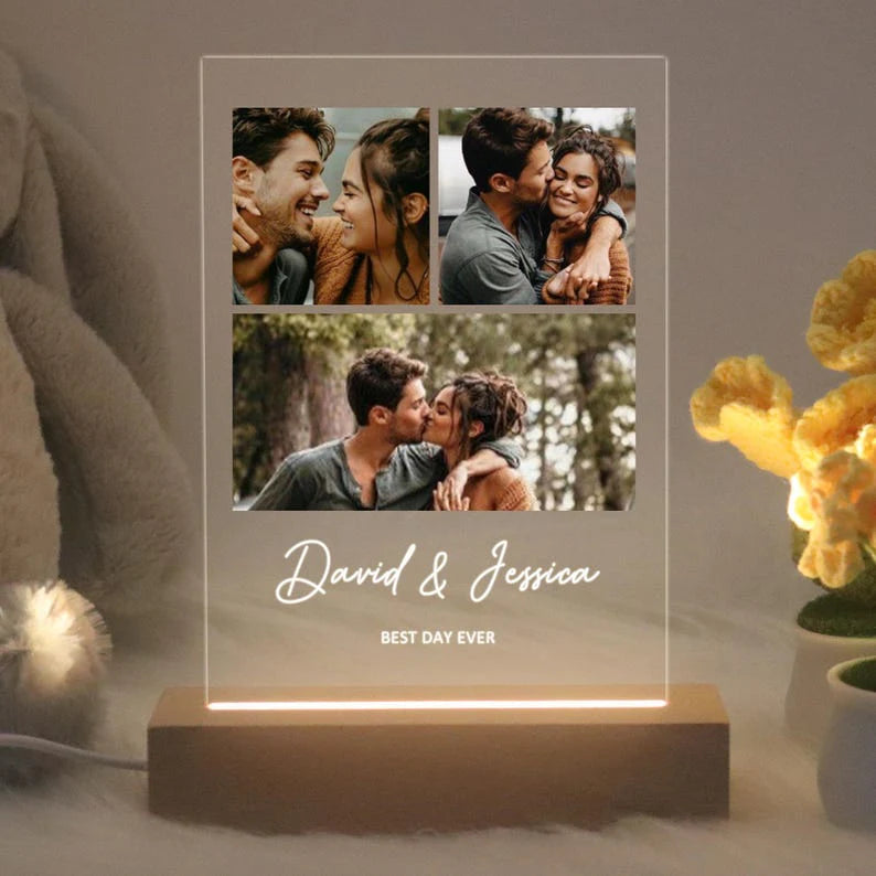 Personalized Photo Collage Acrylic Night Light | Custom Engraved LED Lamp for Anniversary & Couple Gift