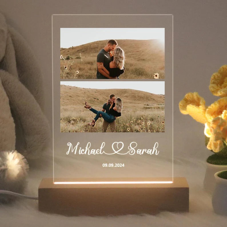 Personalized Photo Collage Acrylic Night Light | Custom Engraved LED Lamp for Anniversary & Couple Gift