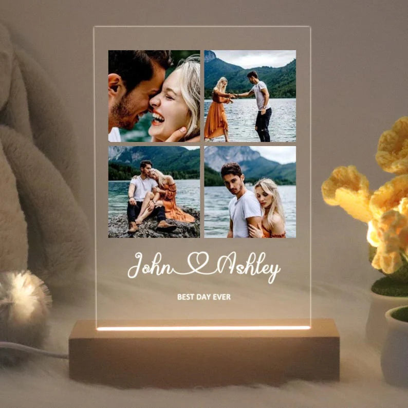 Personalized Photo Collage Acrylic Night Light | Custom Engraved LED Lamp for Anniversary & Couple Gift