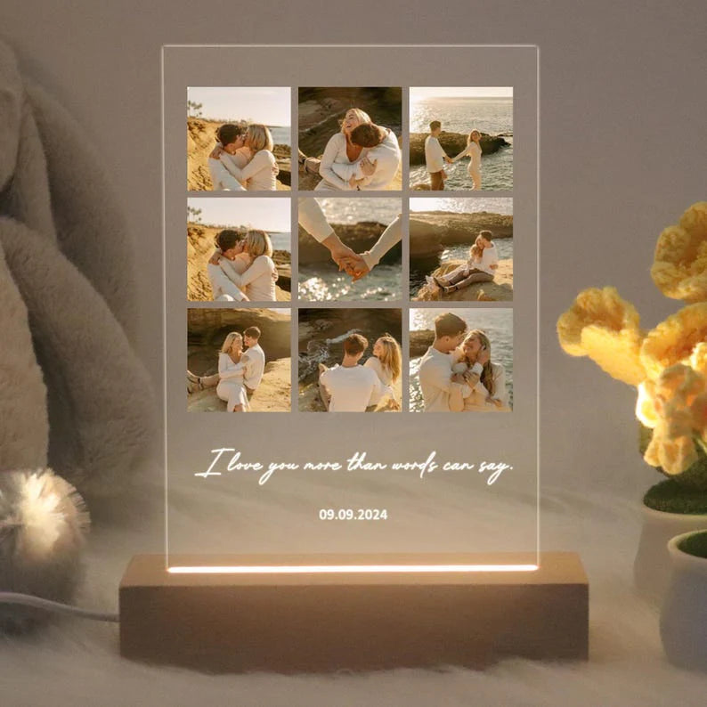 Personalized Photo Collage Acrylic Night Light | Custom Engraved LED Lamp for Anniversary & Couple Gift